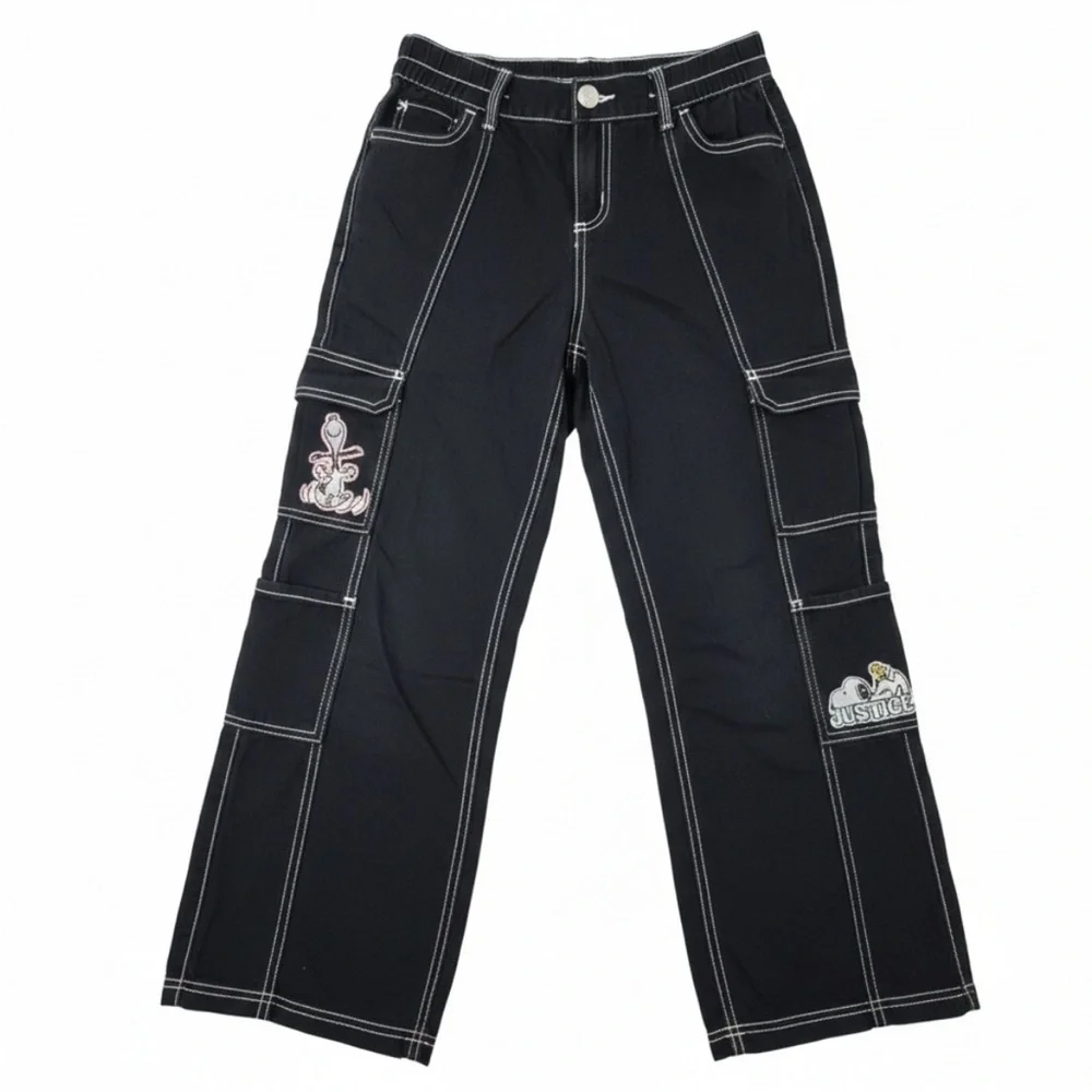 Justice Black Cargo Jeans with White Stitching